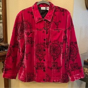 CHICO’S Women Pink Velvet Embroidery Silk Blend Buttoned Jacket Size 2(L)